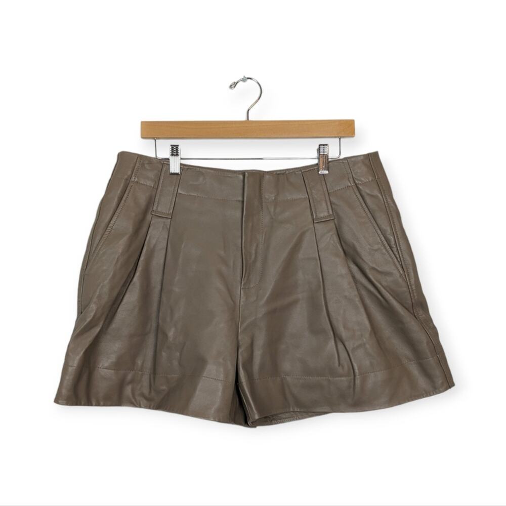 Ganni Shorts 8 Fossil Lamb Leather Pleat Detail High Waist Quiet Luxury NWT